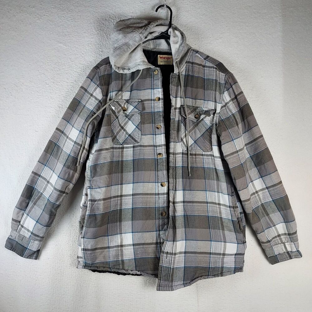 Wrangler Authentics Men’s Quilted Hooded Flannel Shirt Jacket Gray Plaid, Medium